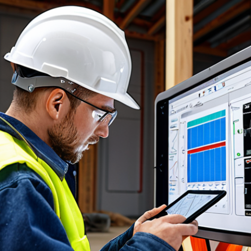 Home 11 ** An electrician expertly reading an electrical installation diagram on a construction site, focusing on a CAD software interface on a tablet. Emphasis on clarity and precision for safe electrical work.
**
