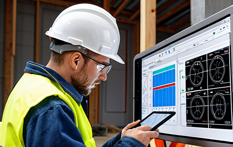 ** An electrician expertly reading an electrical installation diagram on a construction site, focusing on a CAD software interface on a tablet. Emphasis on clarity and precision for safe electrical work.
**
