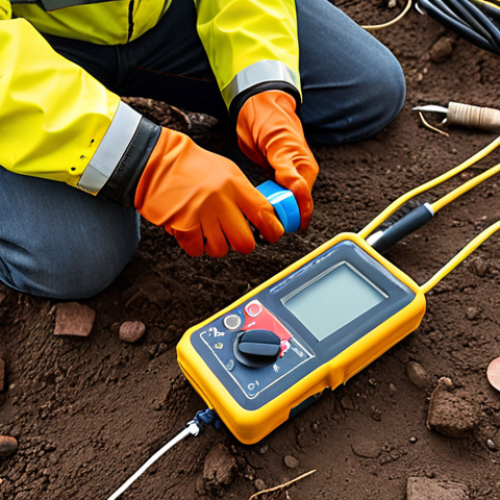 Home 6 **Earth Resistance Testing:** An electrician wearing rubber gloves uses an Earth Resistance Tester to measure the resistance of the ground. Safety precautions are followed, ensuring no water is nearby.
