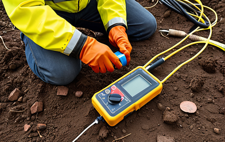 **Earth Resistance Testing:** An electrician wearing rubber gloves uses an Earth Resistance Tester to measure the resistance of the ground. Safety precautions are followed, ensuring no water is nearby.
